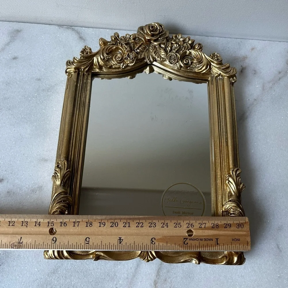 Ornate gold floral table top mirror 6”x9”